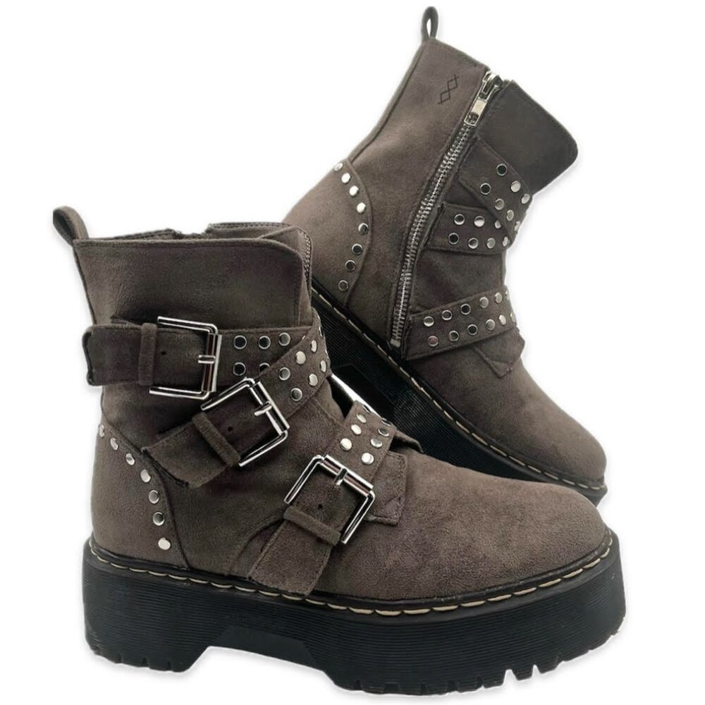 MIM Helsinki Topo Chunky Platform Studded Moto Boots Size 7 EU 37 Brown Y2K